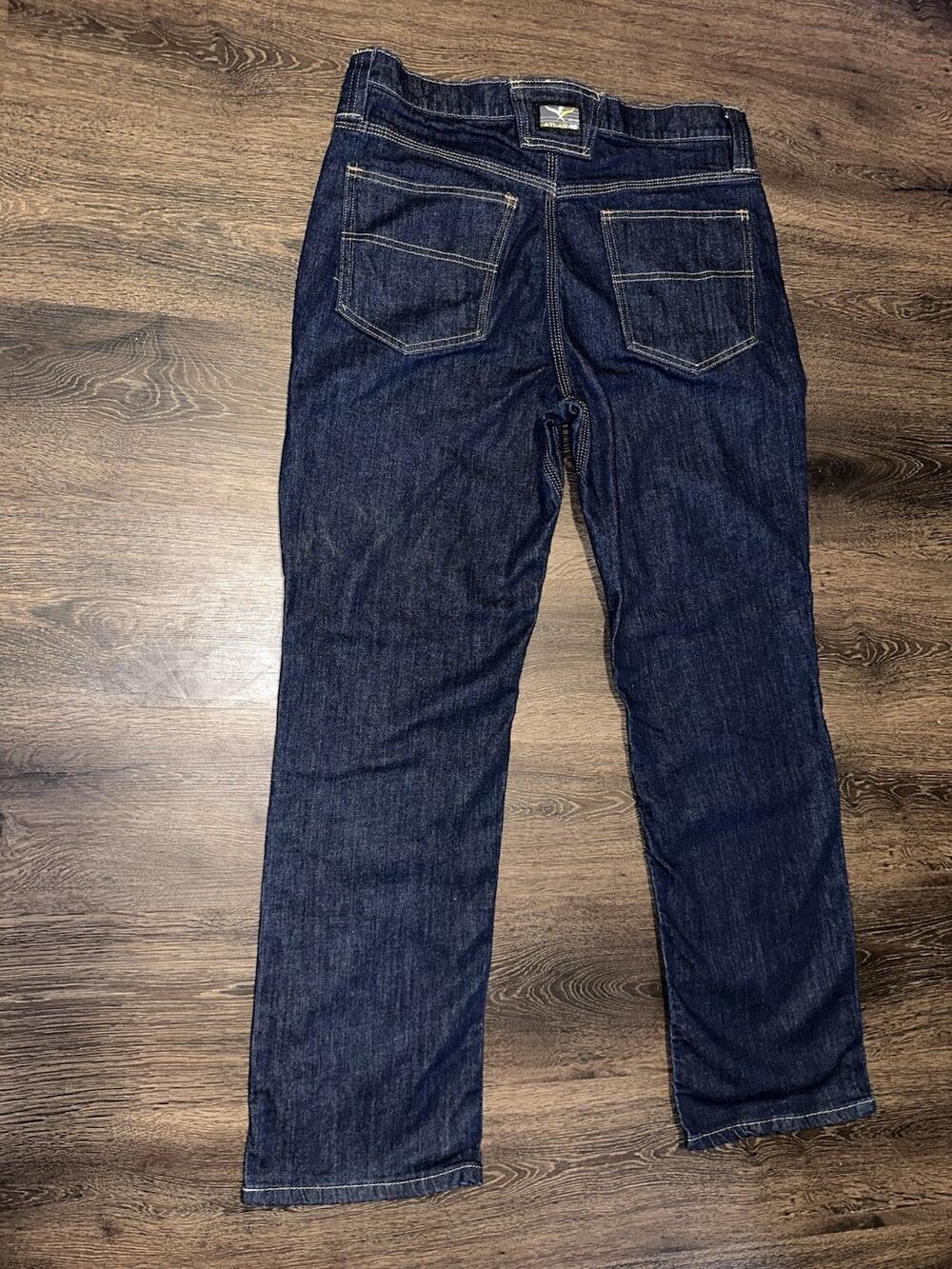 ATLAS 46 Jeans Size 34X32 Measure 34x31 Dark Wash Yellow Contract Stitch USA